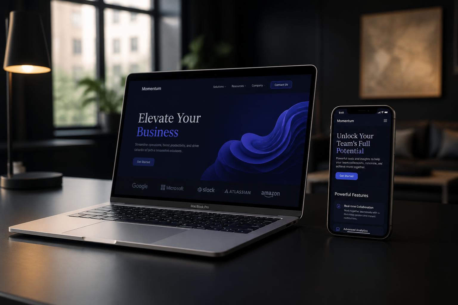 Laptop and phone showing premium website and app design
